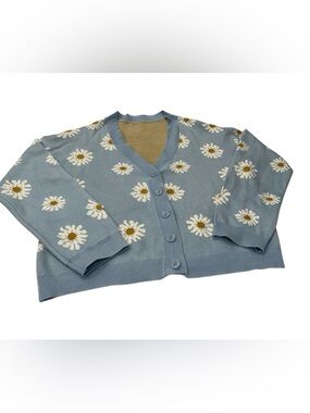 Daisy-Print Light Blue V-Neck Cardigan Sweater